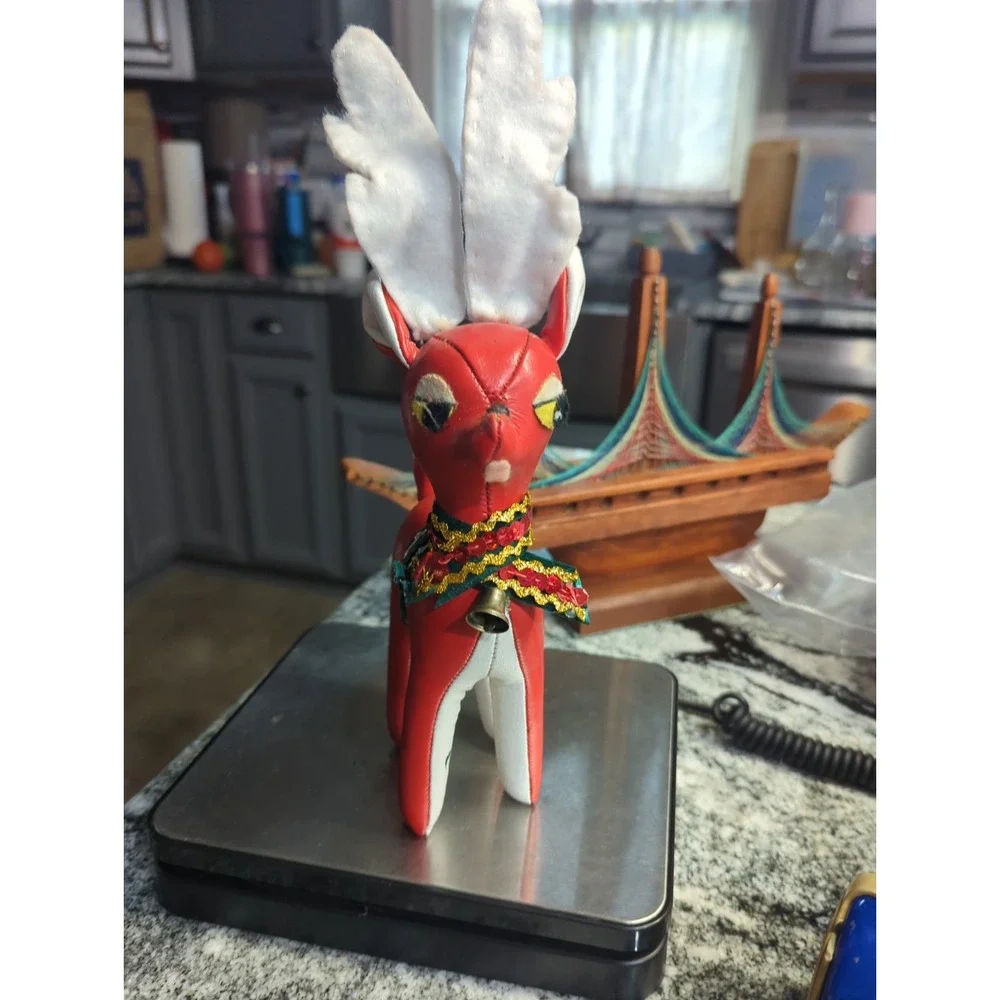 Vintage Japan Red/White Vinyl Sawdust Stuffed Christmas Reindeer 60's Kitschy